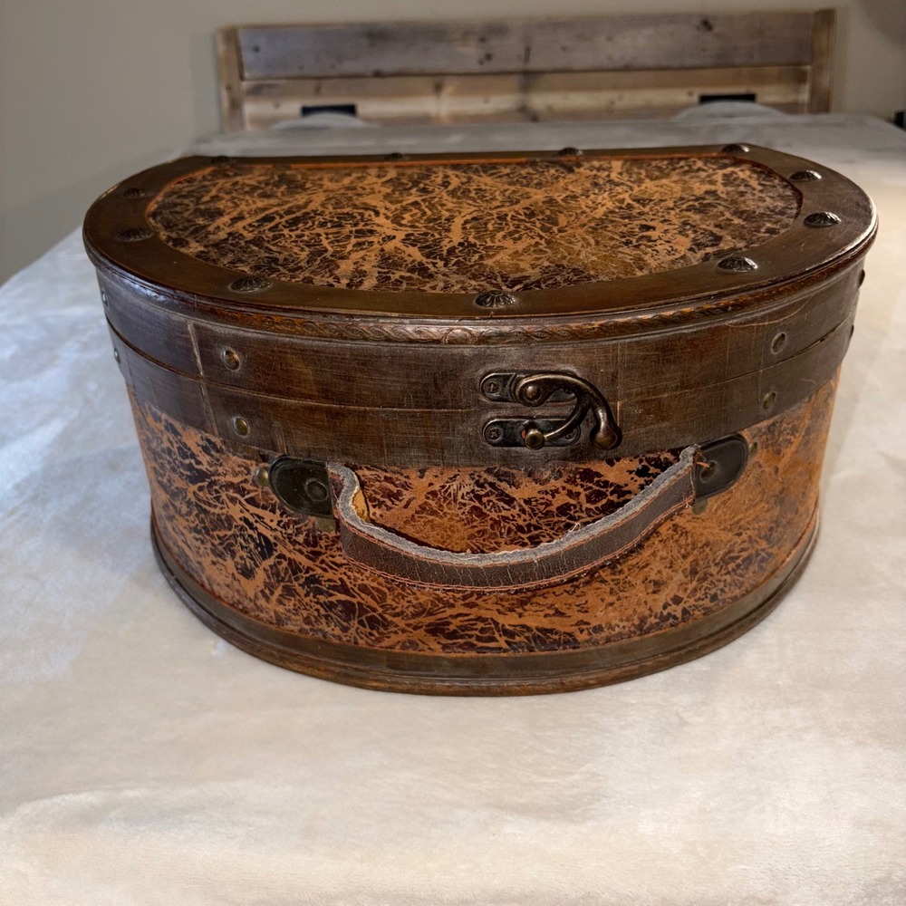 Vintage Wooden Dome Hat Box Travel Case Sewing Box Boho Rustic Leather Handle
